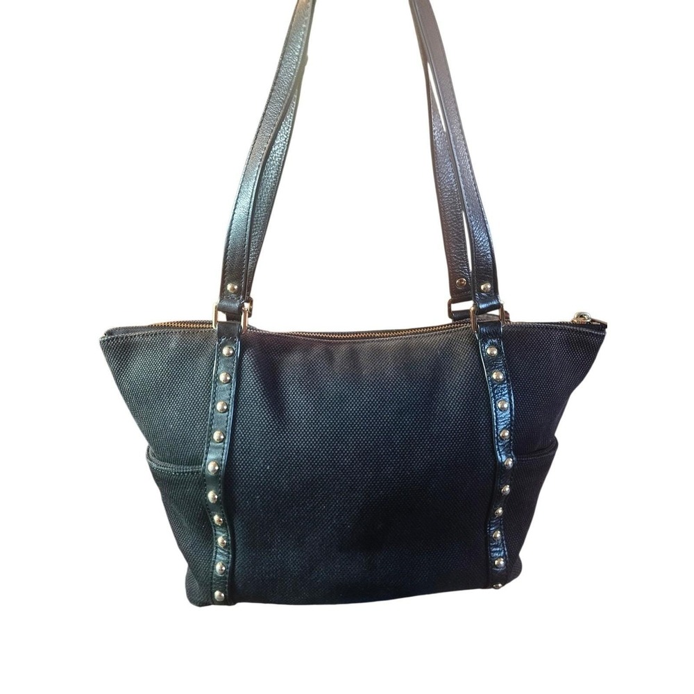 Michael Kors Black Canvas Leather Trim Studded Tote Shoulder Bag Gold Hardware - Picture 8 of 12
